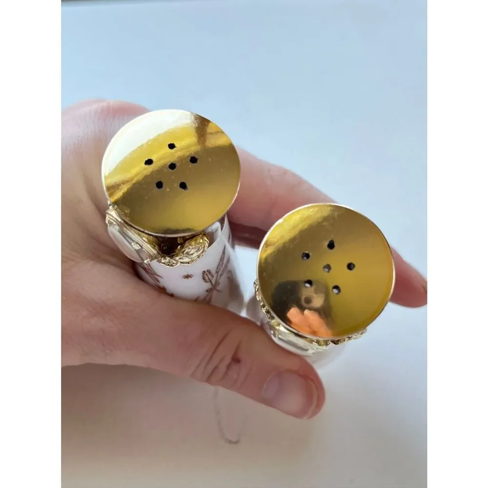 VTG Milk Glass Salt Pepper Shakers Religious Jesus Mary Gold Foil Set